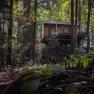 Baumhaus Lodge Schrems, © Niederösterreich Werbung / Maximilian Pawlikowsky Ein modernes Baumhaus in einem dichten Wald, umgeben von hohen Bäumen und grünem Laub.