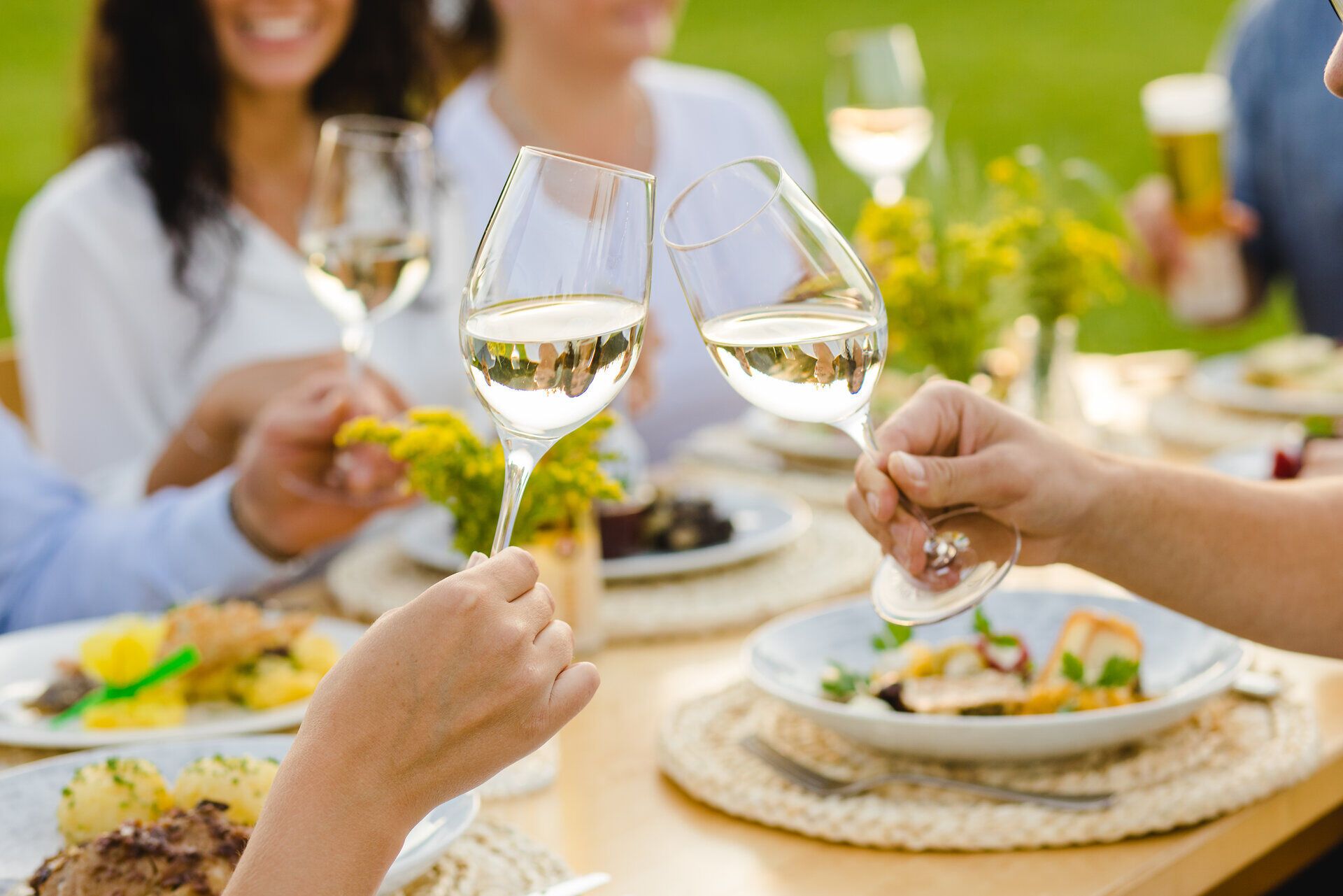 Freunde stoßen mit Gläsern auf einen unvergesslichen Moment an, während sie die köstlichen Waldviertler Spezialitäten genießen. Umgeben von der malerischen Natur, strahlt die Atmosphäre Freude und Geselligkeit aus. Ein perfekter Tag, um die kulinarischen Schätze der Region zu entdecken.