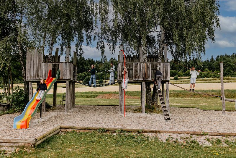 Kinder spielen auf einem hölzernen Spielplatz mit Rutsche und Seilbrücke im Freien.