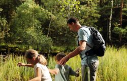 Eine Familie erkundet das Hochmoor, während sie durch das feuchte Terrain watet. Umgeben von üppigem Grün und der sanften Stille der Natur, erleben sie die Schönheit und Ruhe dieses einzigartigen Ökosystems. Die Kinder lachen und spielen, während sie die faszinierenden Pflanzen und die frische Luft genießen.