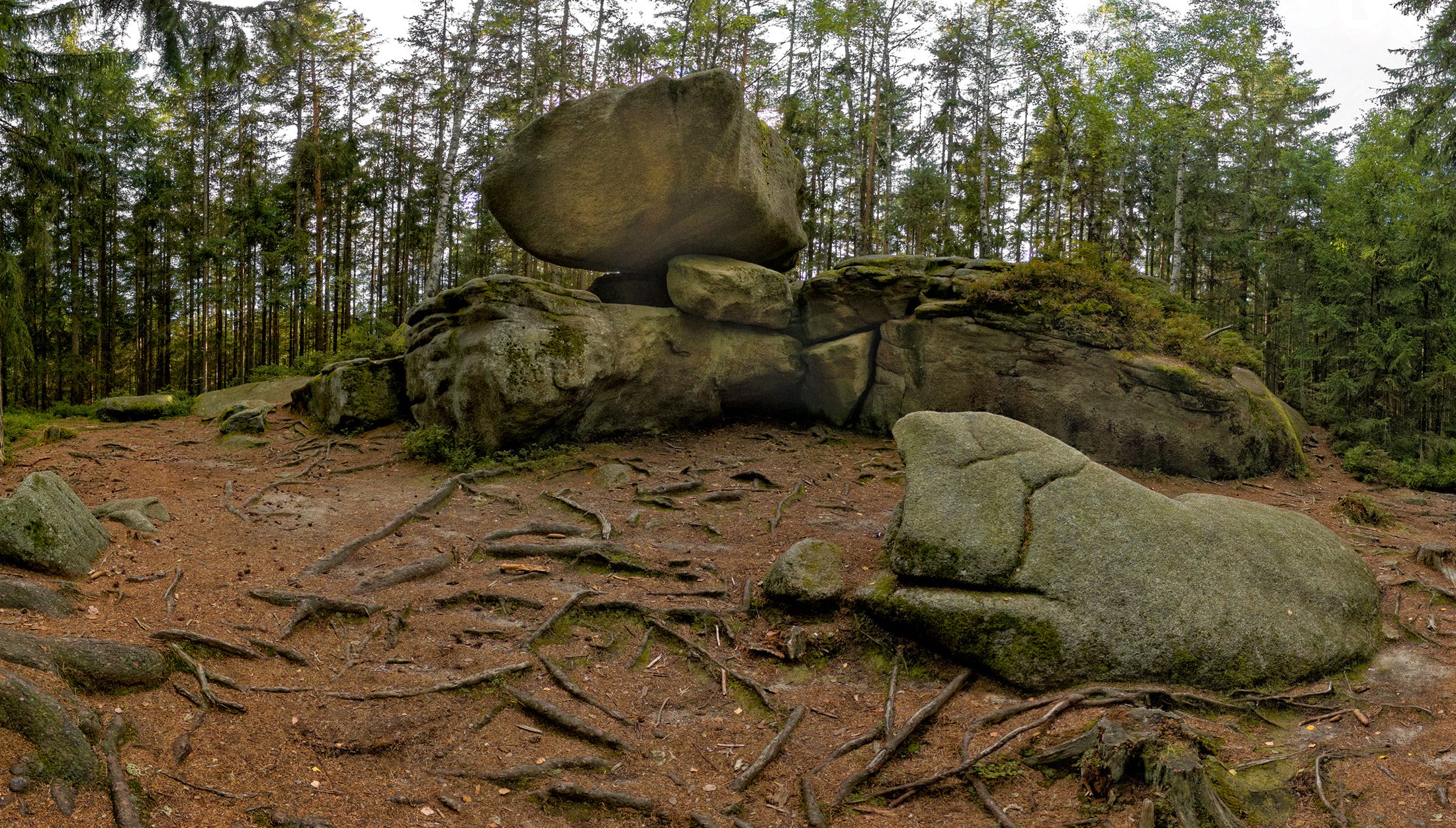 Ein großer Felsblock balanciert auf kleineren Steinen im Wald.