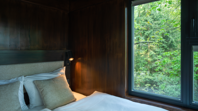 Interior view of a tree house with a bed and a window overlooking the forest.