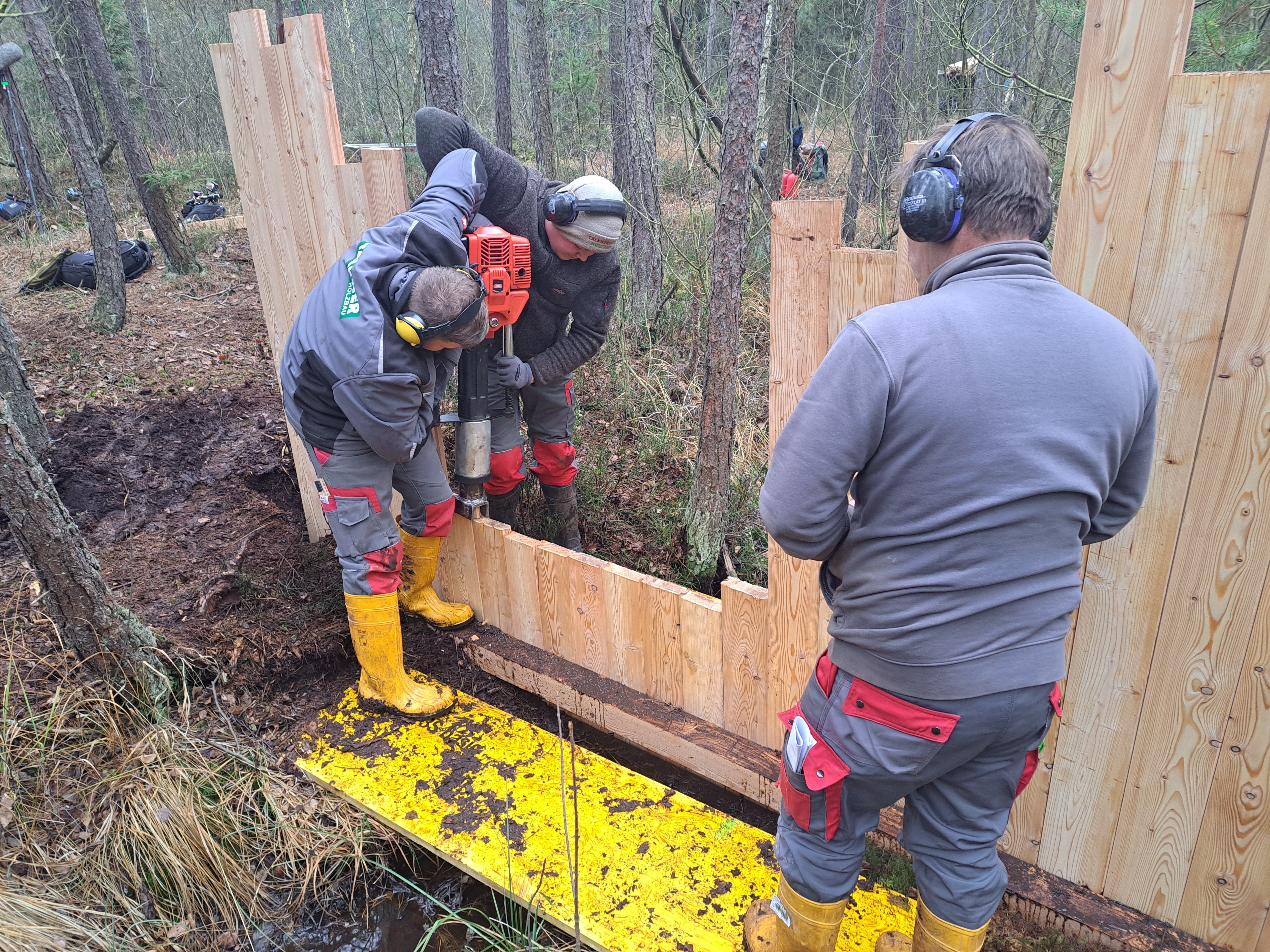 Arbeiter setzen die Spundwände in den Moorboden